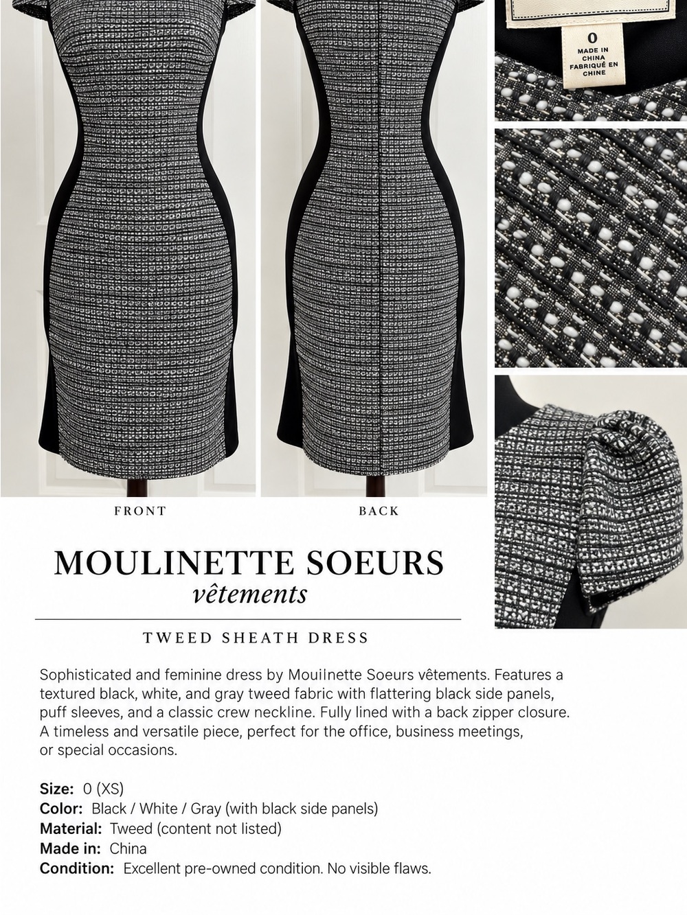 Anthropologie Moulinette Soeurs Black and White Tweed Midi Sheath Dress